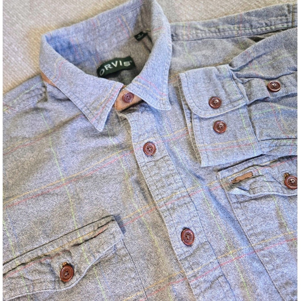 Orvis Fairbanks XL Thick Mens Flannel Shirt Gray Windowpane Plaid Elbow‎ Patches